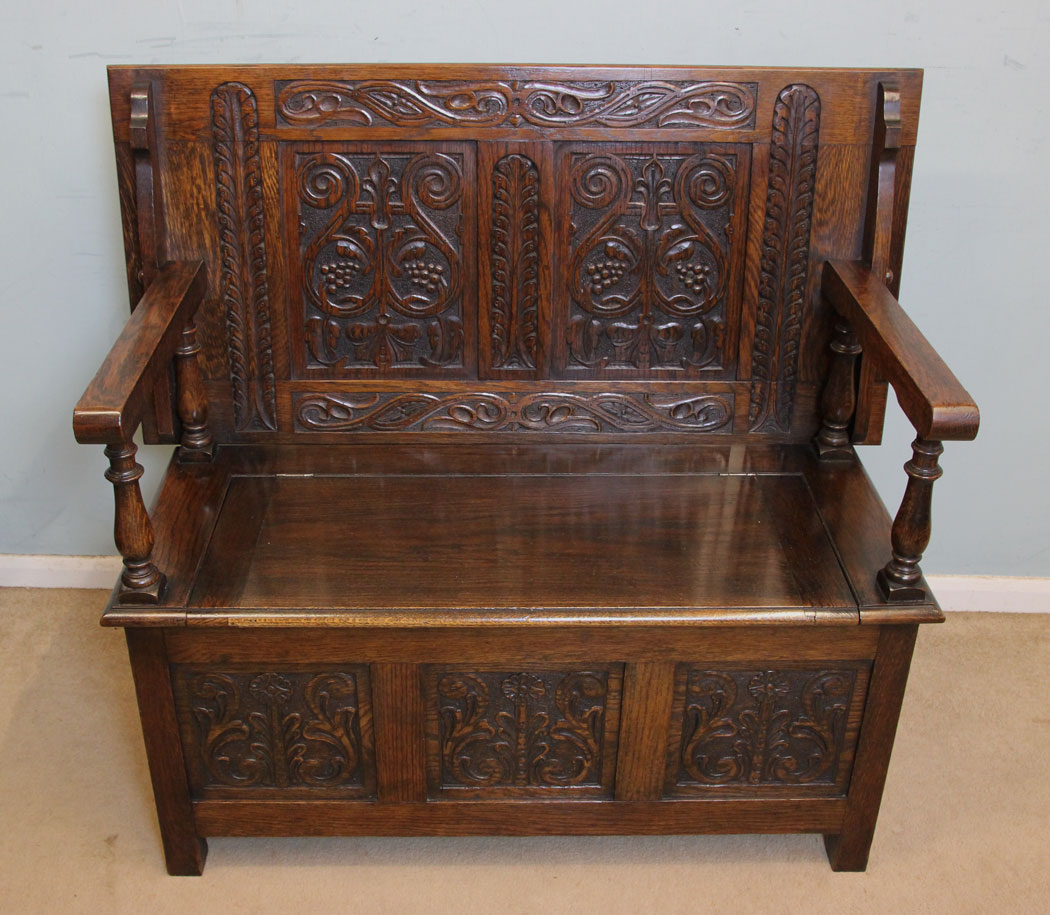 Antique Carved Oak Monks Bench,