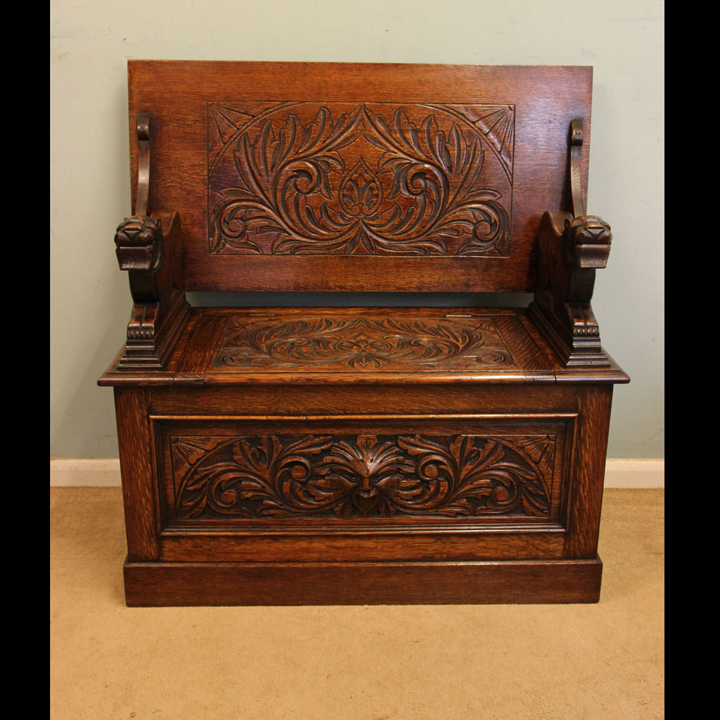 Antique Carved Oak Monks Bench,