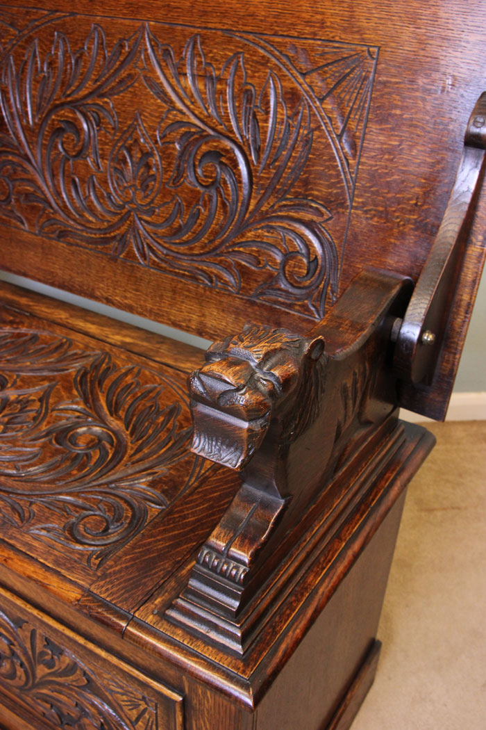 Small Antique Carved Oak Monks Bench,
