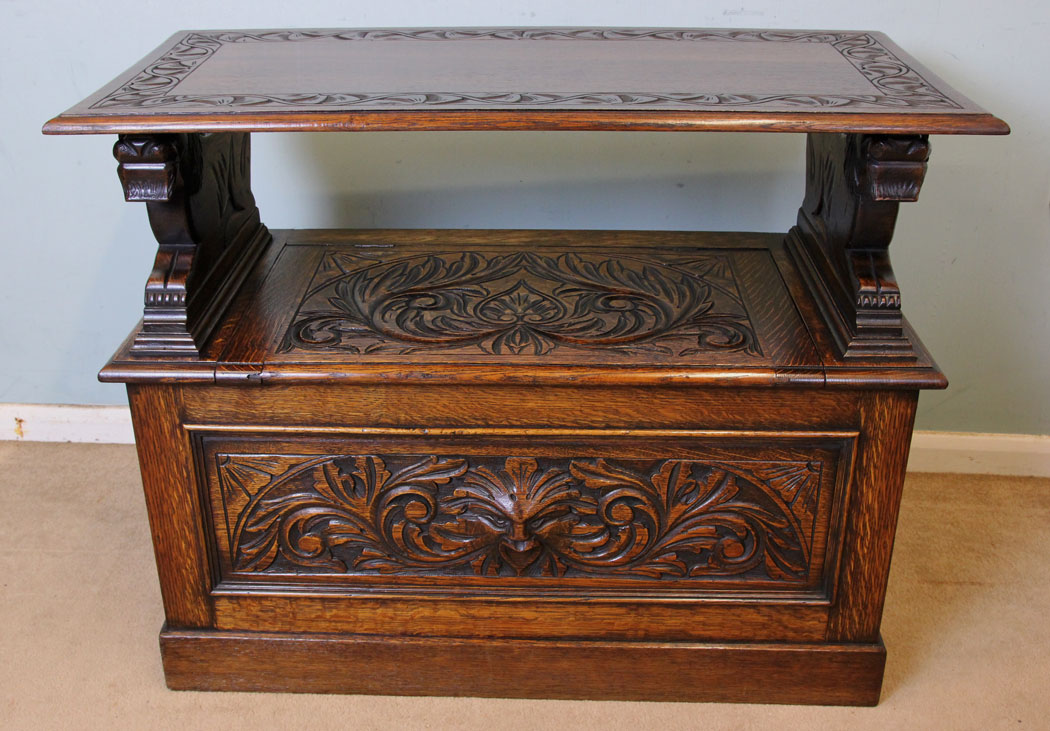 Antique Monks Bench, Settle, Carved Green Man,
