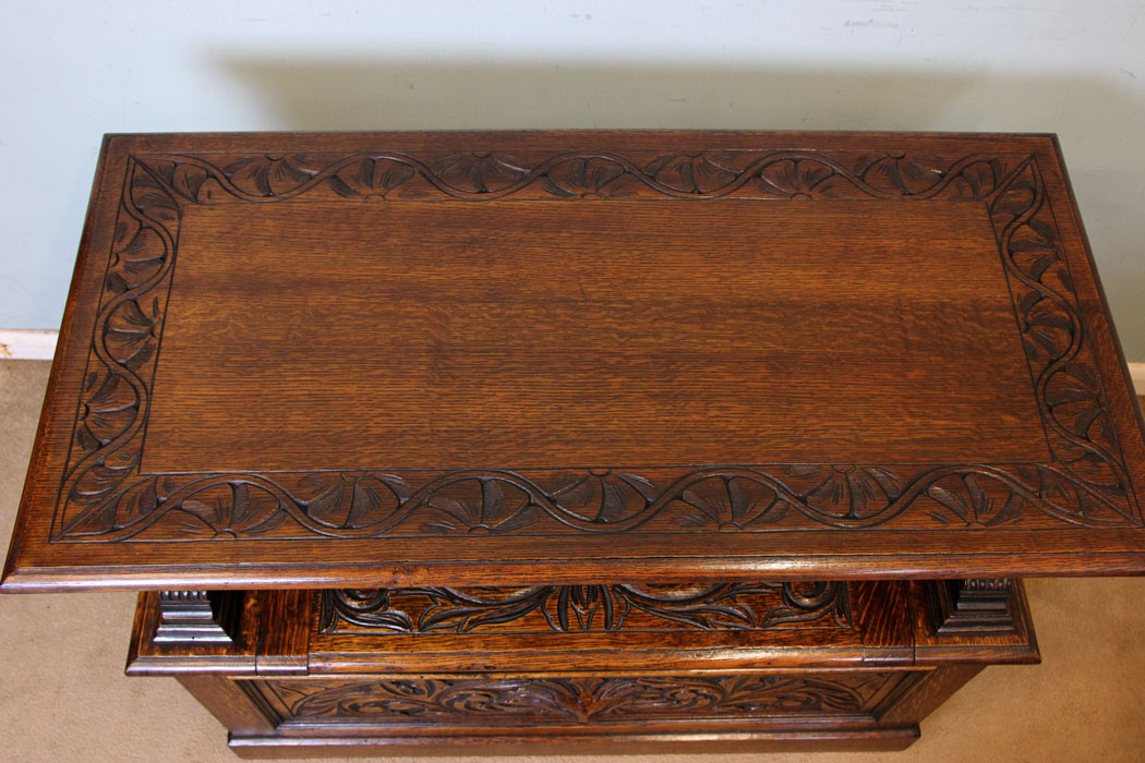 Antique Carved Oak Monks Bench, Table,