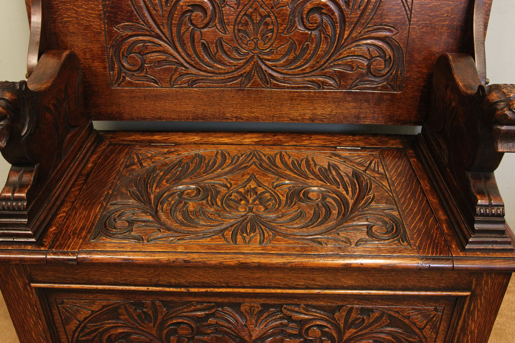 Antique Carved Oak Monks Bench, Hall Chair,