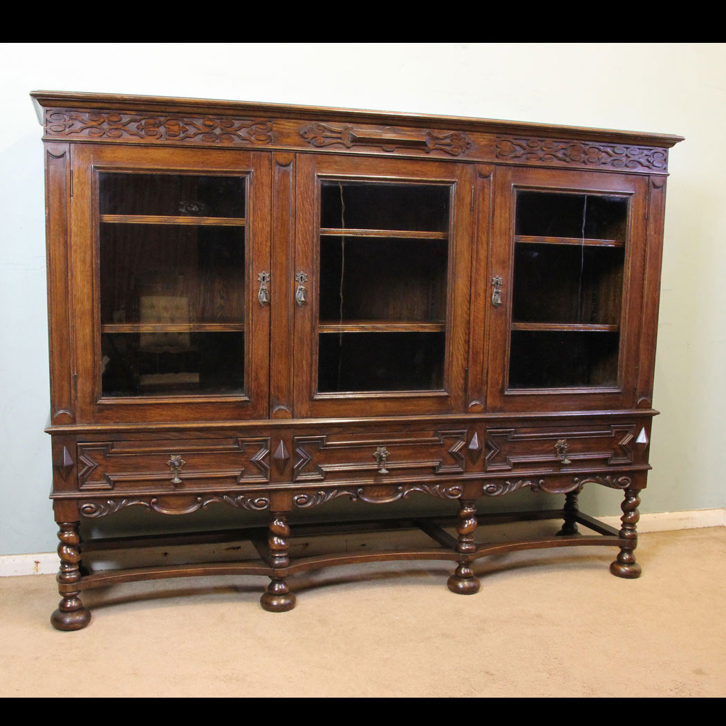 Antique Oak Bookcase, Antique Oak Three Door Bookcase Display Cabinet