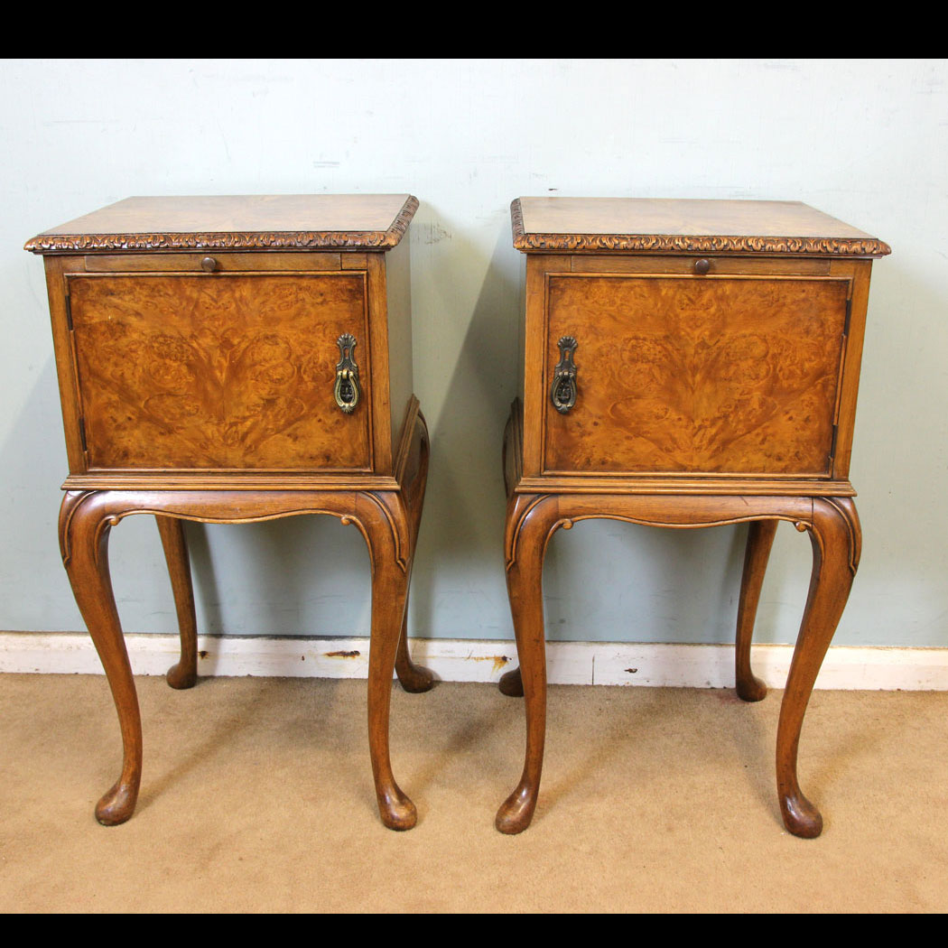 Antique Pair Bedside Cabinets, Antique Pair of Burr Walnut Bedside Cabinets