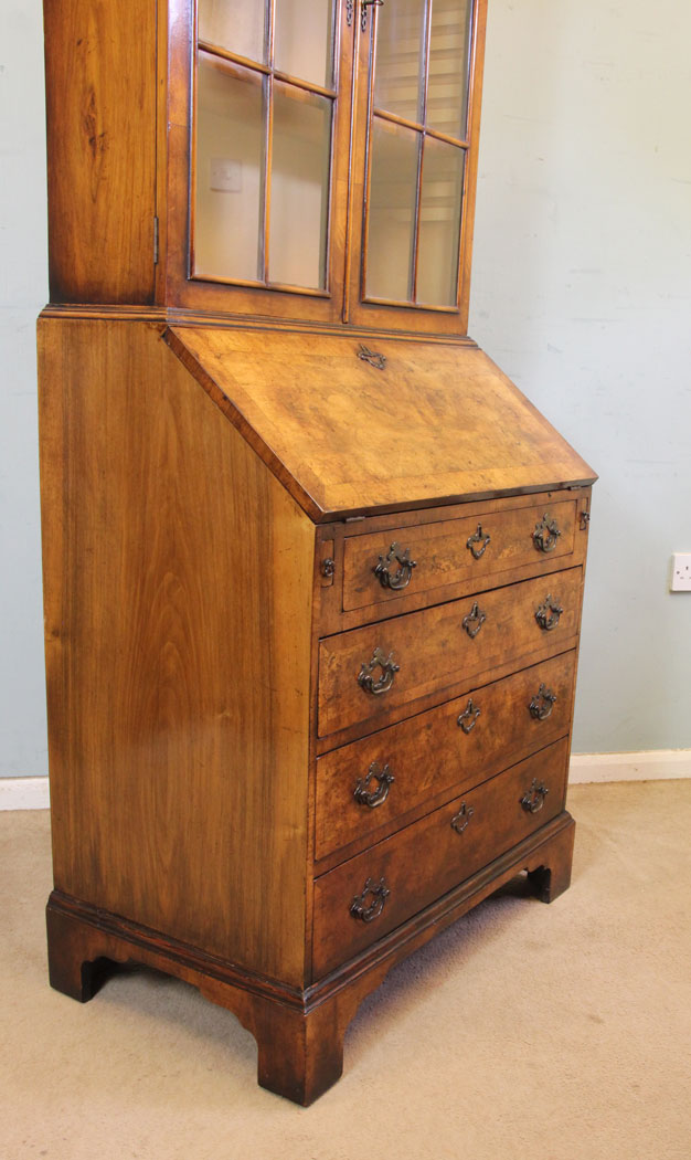 10979r6 Antique Burr Writing Bureau Bookcase, Antique Burr Walnut Bureau Bookcase