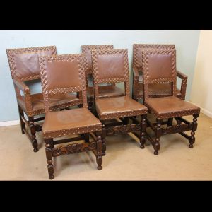 Antique Set of Six Oak Padded Back Dining Chairs