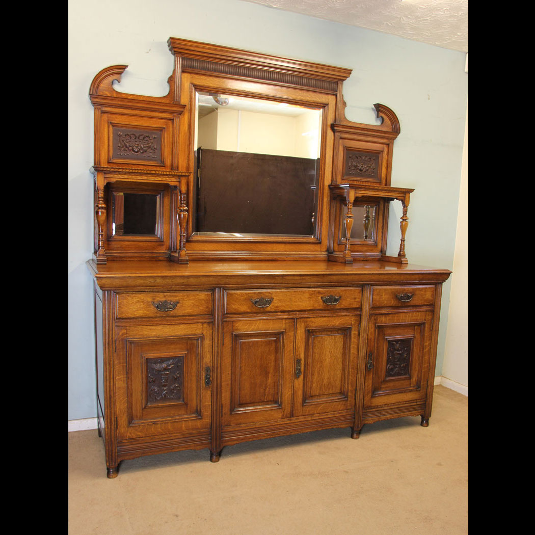 11011r01 Large Antique Mirror Back Sideboard, Antique Oak Mirror Back Sideboard Dresser