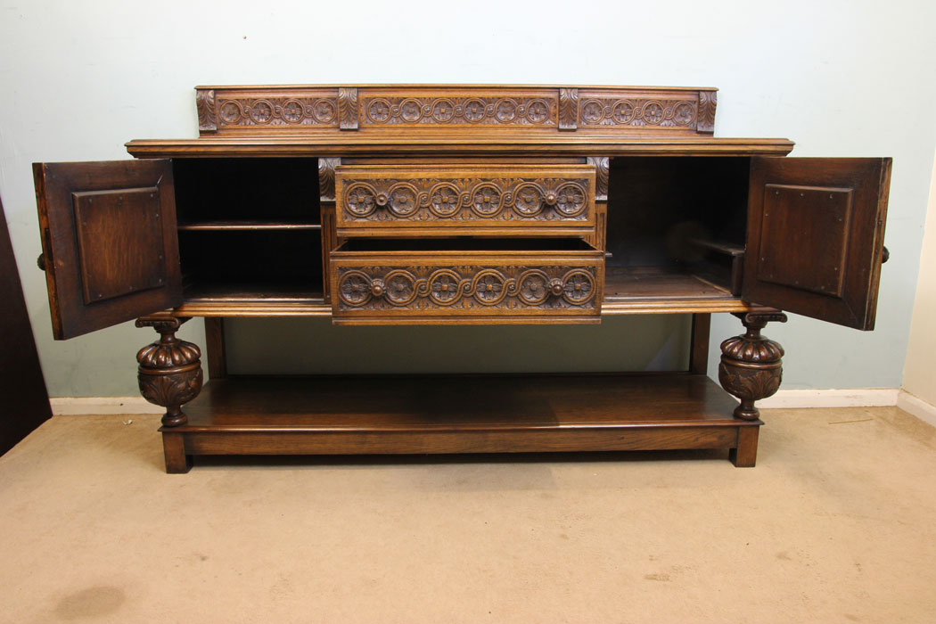 Antique Oak Sideboard Dresser, Server, (2) Antique Carved Oak Sideboard Dresser Base