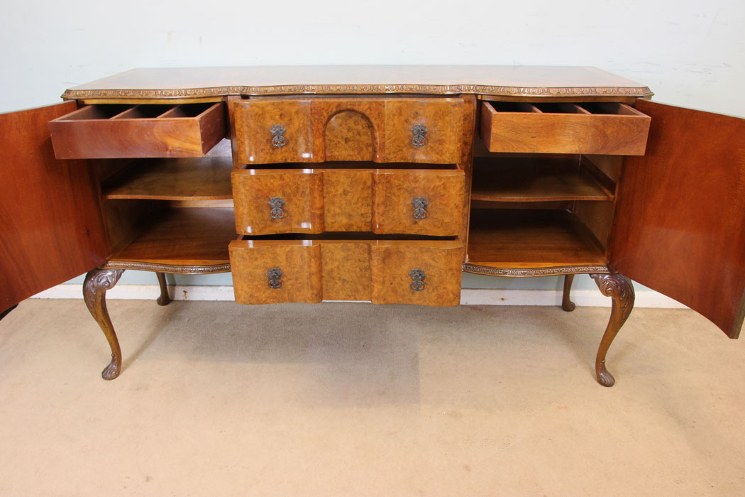 Antique Burr Walnut Sideboard, (2) Antique 20th Century Burr Walnut Queen Anne Style Sideboard.