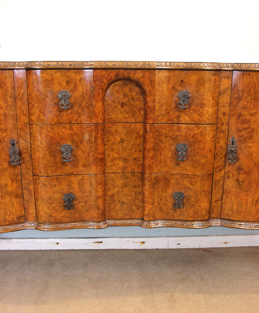 Antique Burr Walnut Sideboard, (6) Antique 20th Century Burr Walnut Queen Anne Style Sideboard.