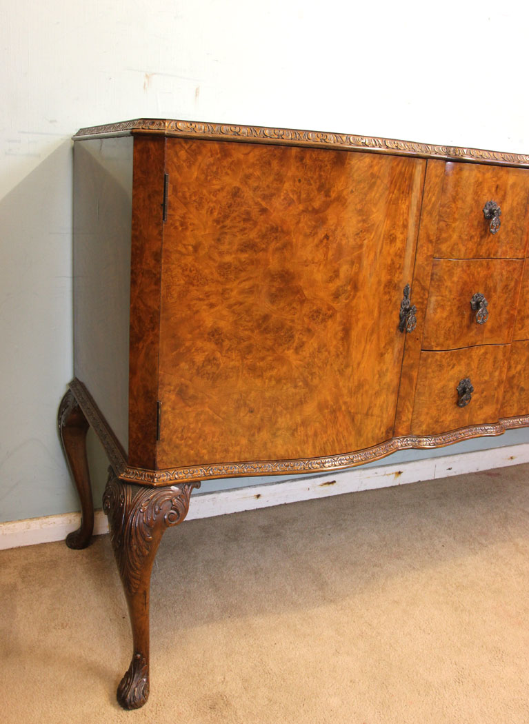 Antique Burr Walnut Sideboard, (7) Antique 20th Century Burr Walnut Queen Anne Style Sideboard.