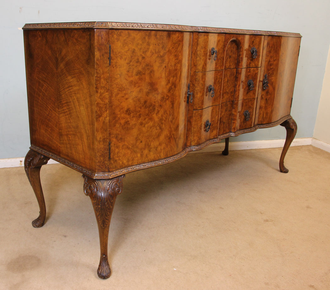 Antique Burr Walnut Sideboard, London, Antique 20th Century Burr Walnut Queen Anne Style Sideboard.