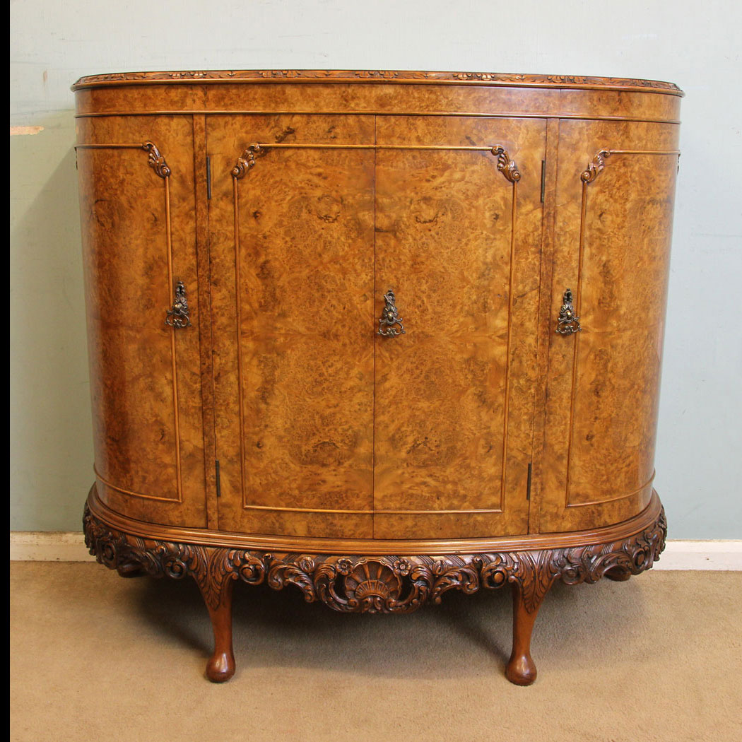 Antique Bow Front Sideboard, Antique Shaped Burr Walnut Side Cabinet