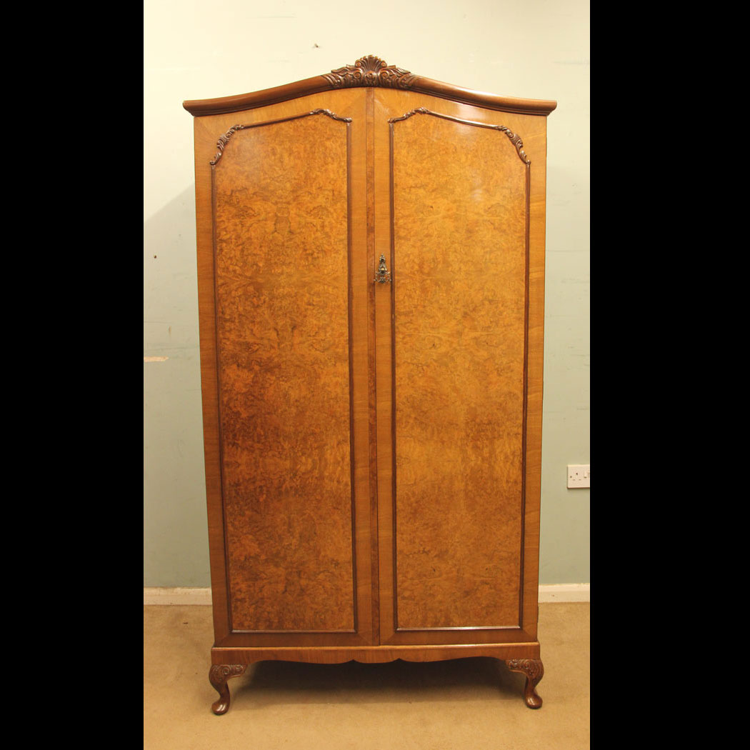 Antique Hanging Wardrobe, Antique Burr Walnut Double Wardrobe