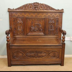 Antique Green Man Carved Oak Settle / Hall Seat / Monks Bench