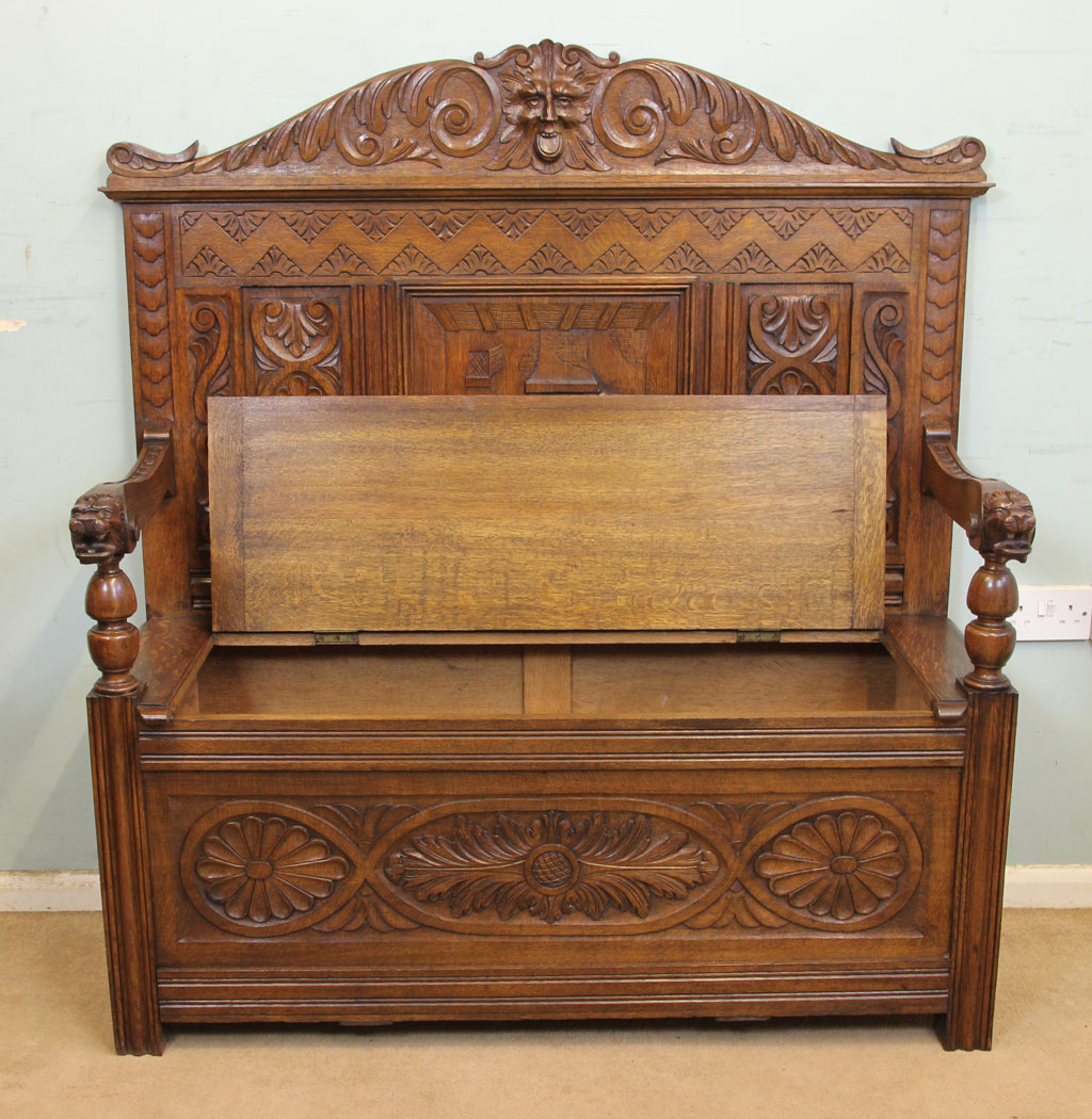 Antique Settle, Monks Bench Hall Seat, Storage, Antique Green Man Carved Oak Settle / Hall Seat / Monks Bench