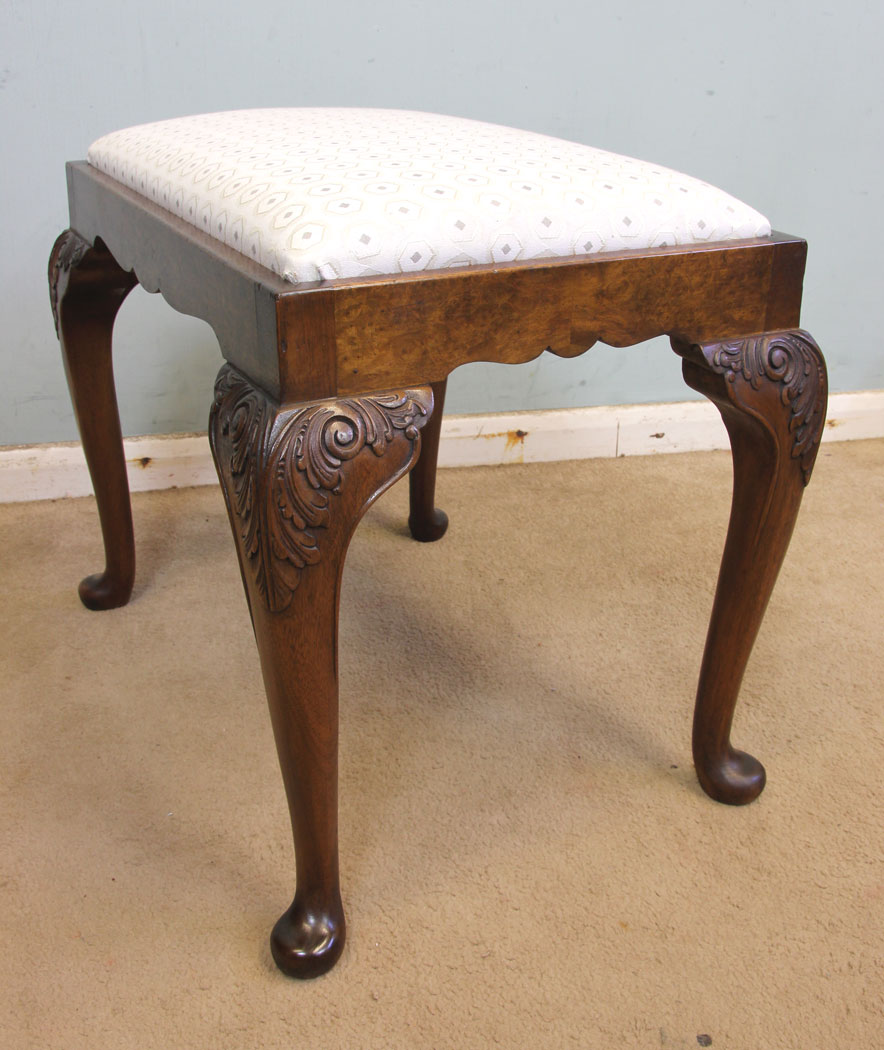 Antique Walnut Stool, London, Queen Anne Style Burr Walnut Dressing Table Stool