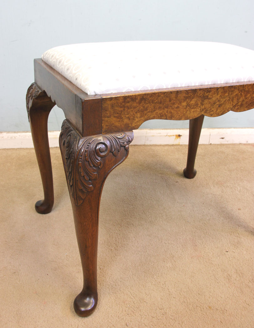 Queen Anne Style, Antique Burr Walnut Stool, Queen Anne Style Burr Walnut Dressing Table Stool