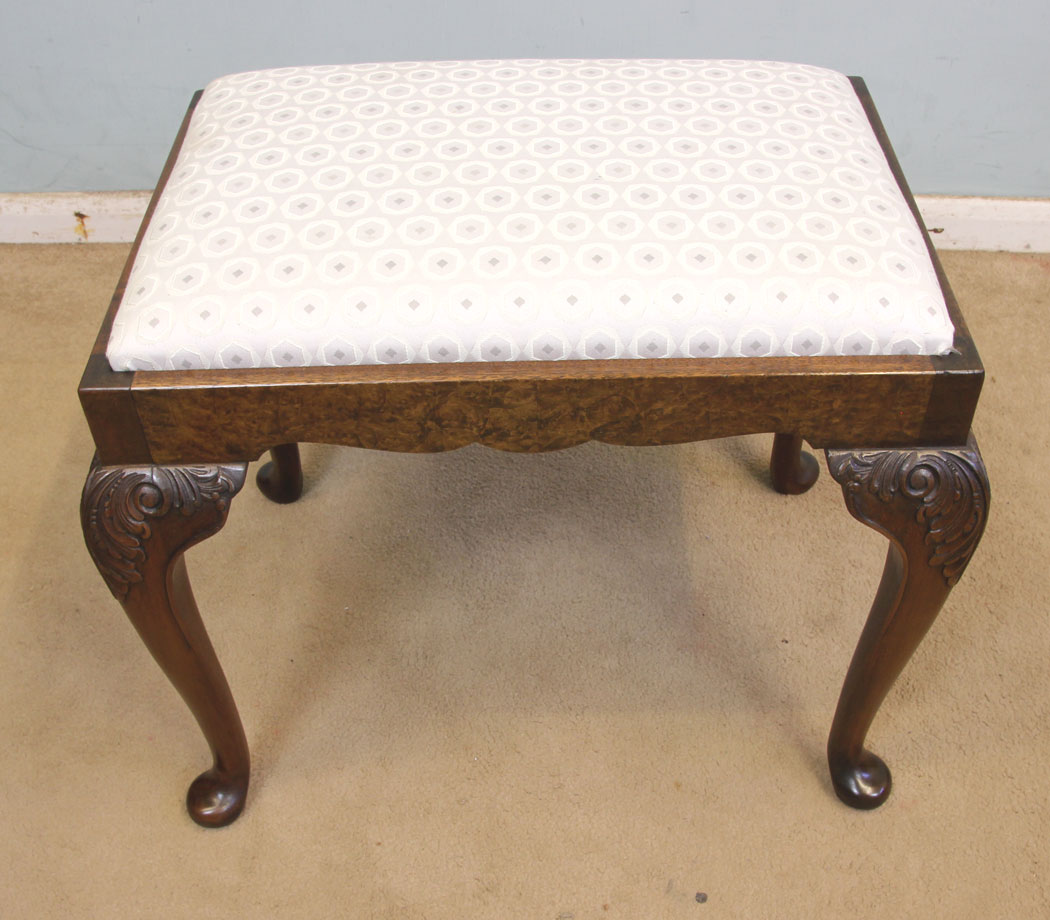Queen Anne Style, Antique Walnut Stool, Queen Anne Style Burr Walnut Dressing Table Stool