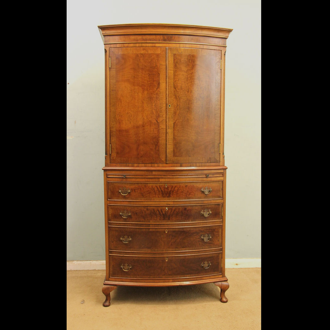 Antique Walnut cupboard, Burr Walnut Bow Fronted Tallboy