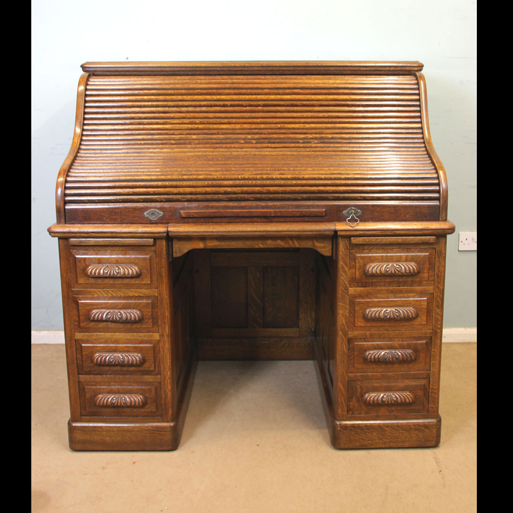 11243r01 Antique Oak Rolltop Writing Desk, Antique Large Oak Roll Top Pedestal Writing Desk