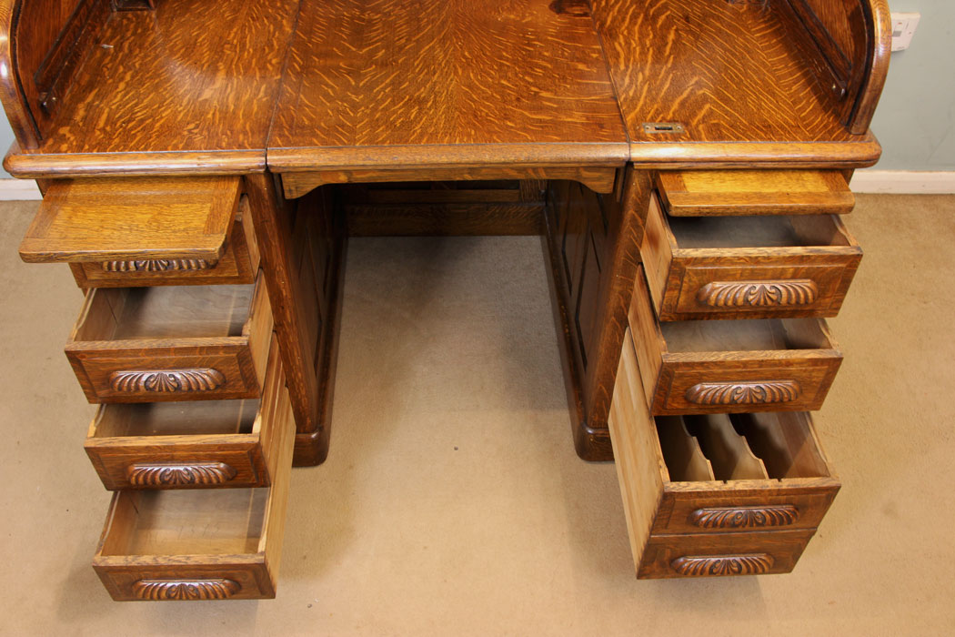 11243r11 Antique Oak Roll Top Writing Desk, Antique Large Oak Roll Top Pedestal Writing Desk