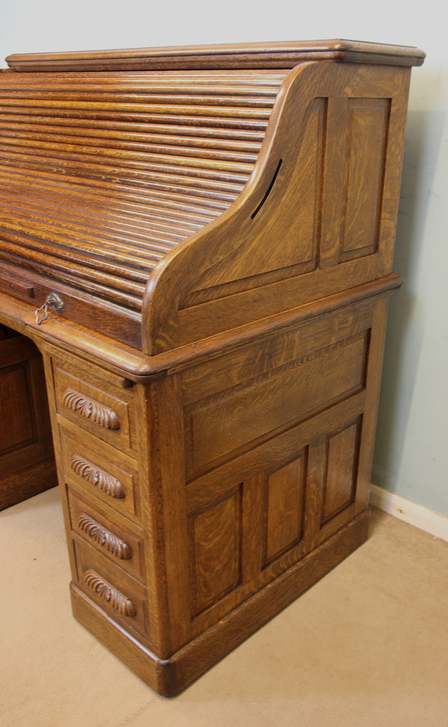 11243r4 Antique Oak Roll Top Writing Desk, Antique Large Oak Roll Top Pedestal Writing Desk