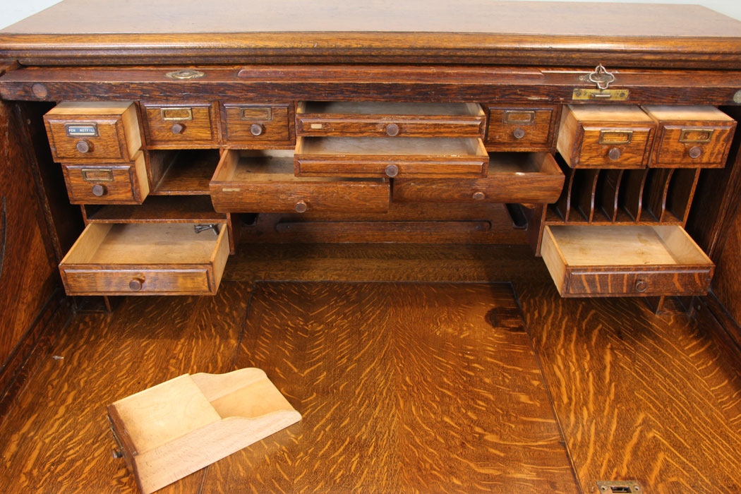 11243r7 Antique Oak Roll Top Writing Desk, Antique Large Oak Roll Top Pedestal Writing Desk
