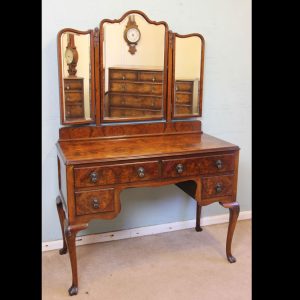 Queen Anne Style Burr Walnut Triple Mirror Dressing Table