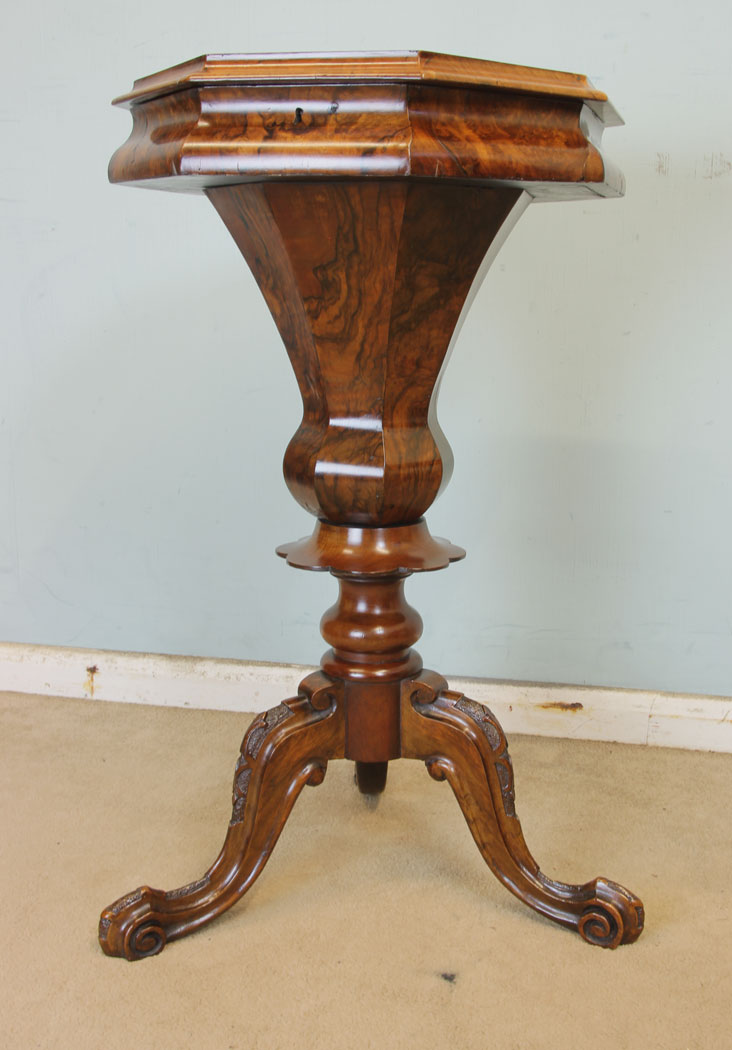 11346r3 Antique Victorian Trumpet Sewing Table Work Box, Antique Victorian Burr Walnut Trumpet Sewing Table Work Box.