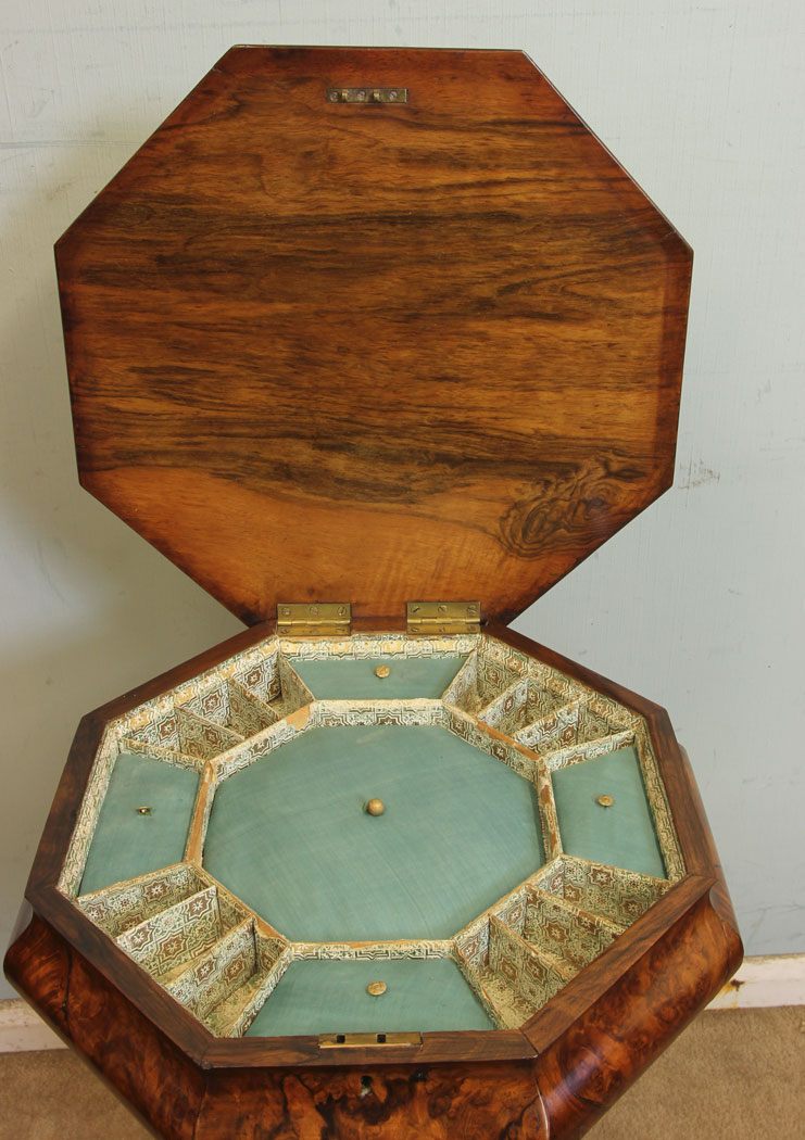 11346r4 Antique Victorian Trumpet Sewing Table Work Box, Antique Victorian Burr Walnut Trumpet Sewing Table Work Box.