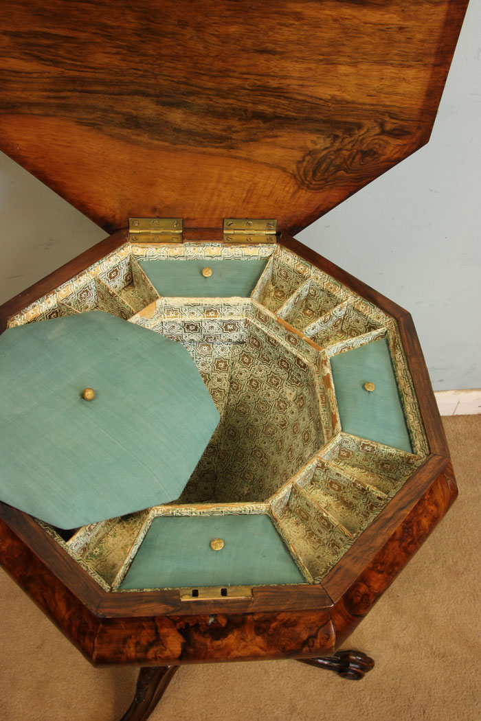 11346r5 Antique Victorian Trumpet Sewing Table Work Box, Antique Victorian Burr Walnut Trumpet Sewing Table Work Box.