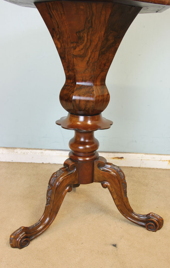 11346r6 Antique Victorian Trumpet Sewing Table Work Box, Antique Victorian Burr Walnut Trumpet Sewing Table Work Box.