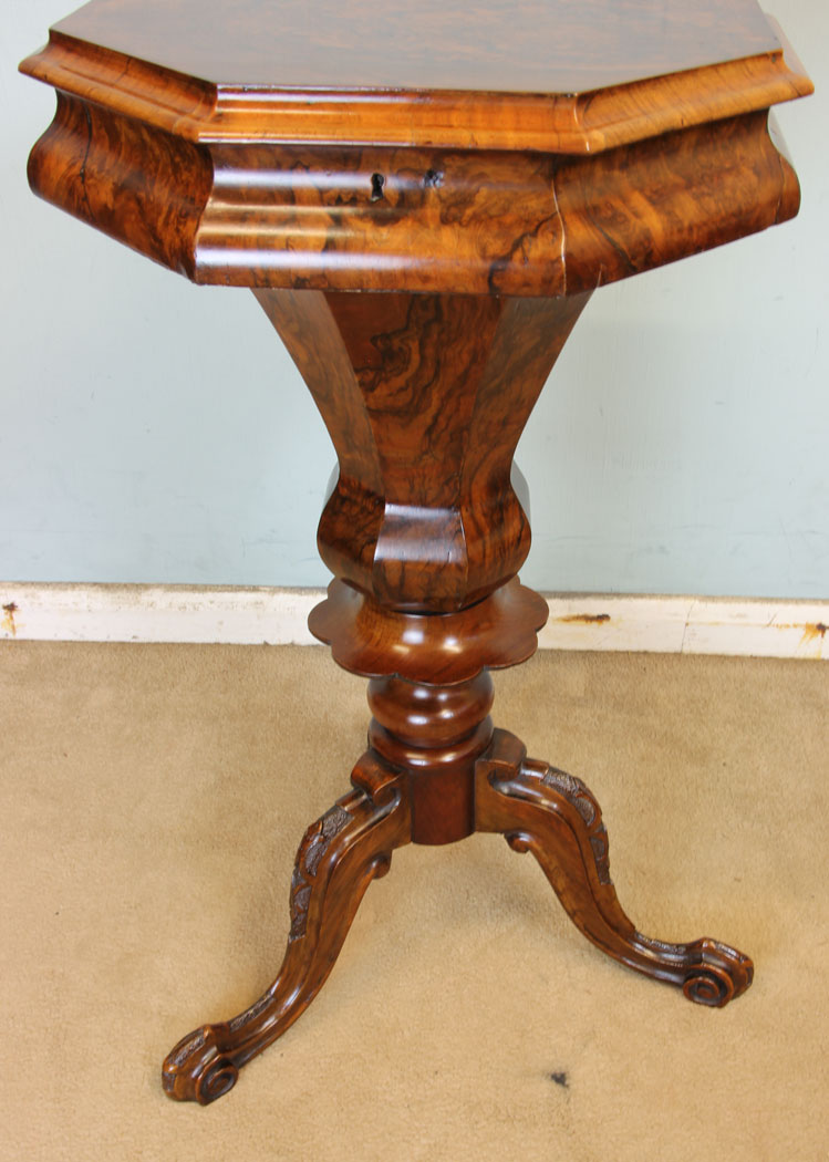 11346r7 Antique Victorian Trumpet Sewing Table Work Box, Antique Victorian Burr Walnut Trumpet Sewing Table Work Box.