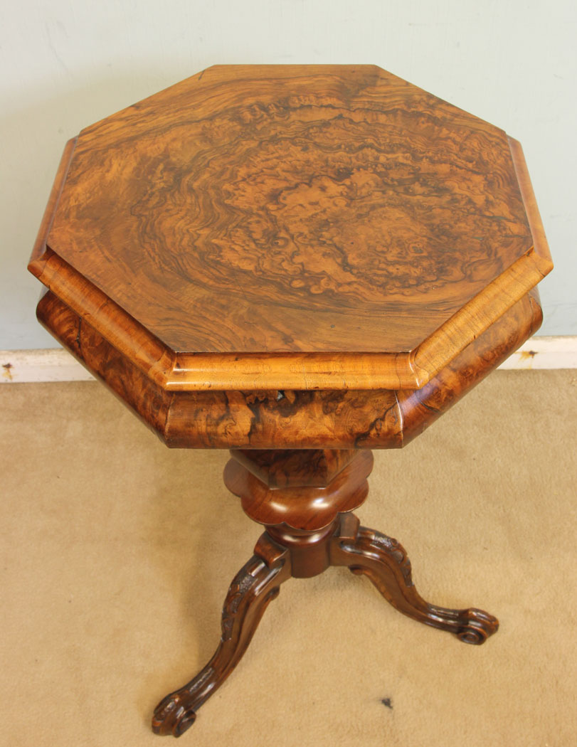 11346r9 Antique Victorian Trumpet Sewing Table Work Box, Antique Victorian Burr Walnut Trumpet Sewing Table Work Box.