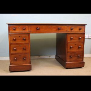 Antique Victorian Mahogany Pedestal Leather Top Kneehole Writing Desk