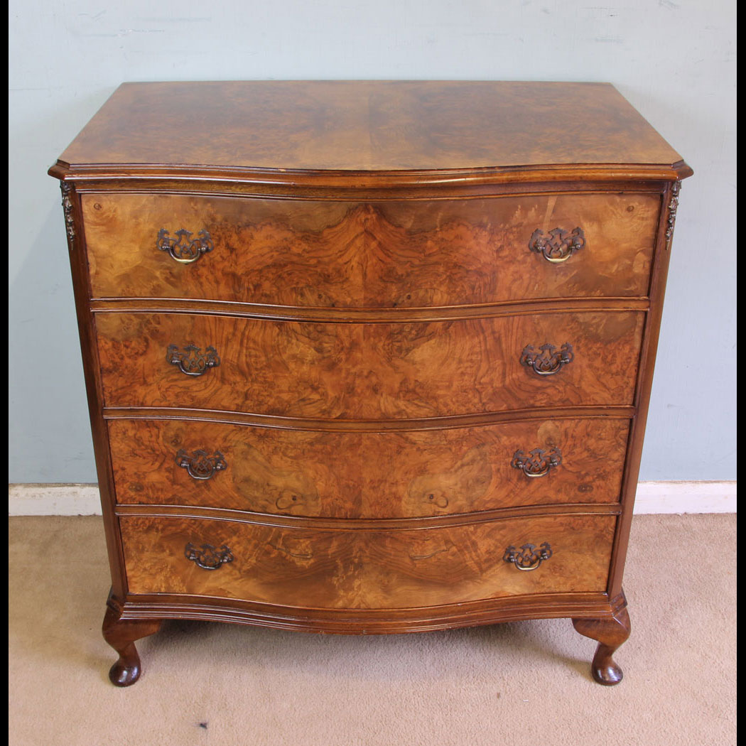 11367r01 Antique Vintage Burr walnut Chest drawers, Antique Burr Walnut Shaped Front Chest of Drawers