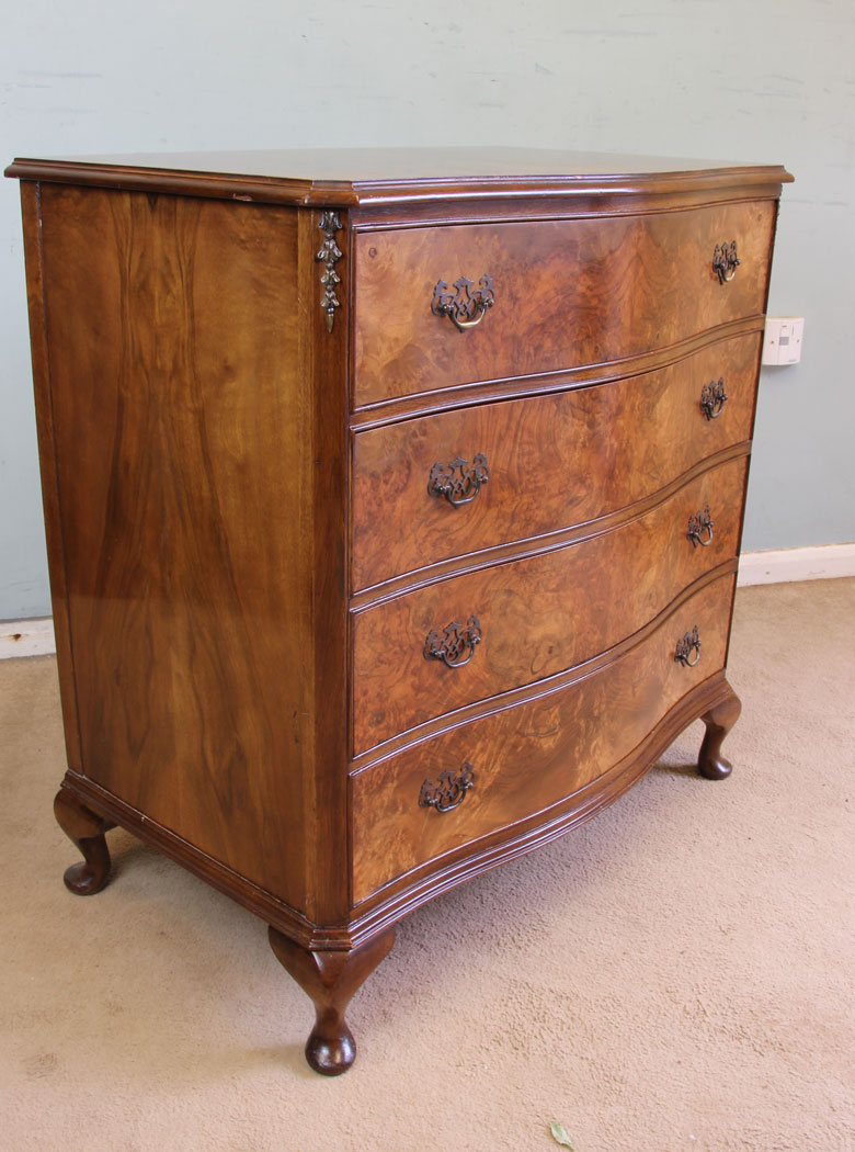 11367r8 Antique Vintage Burr walnut Chest drawers, Antique Burr Walnut Shaped Front Chest of Drawers