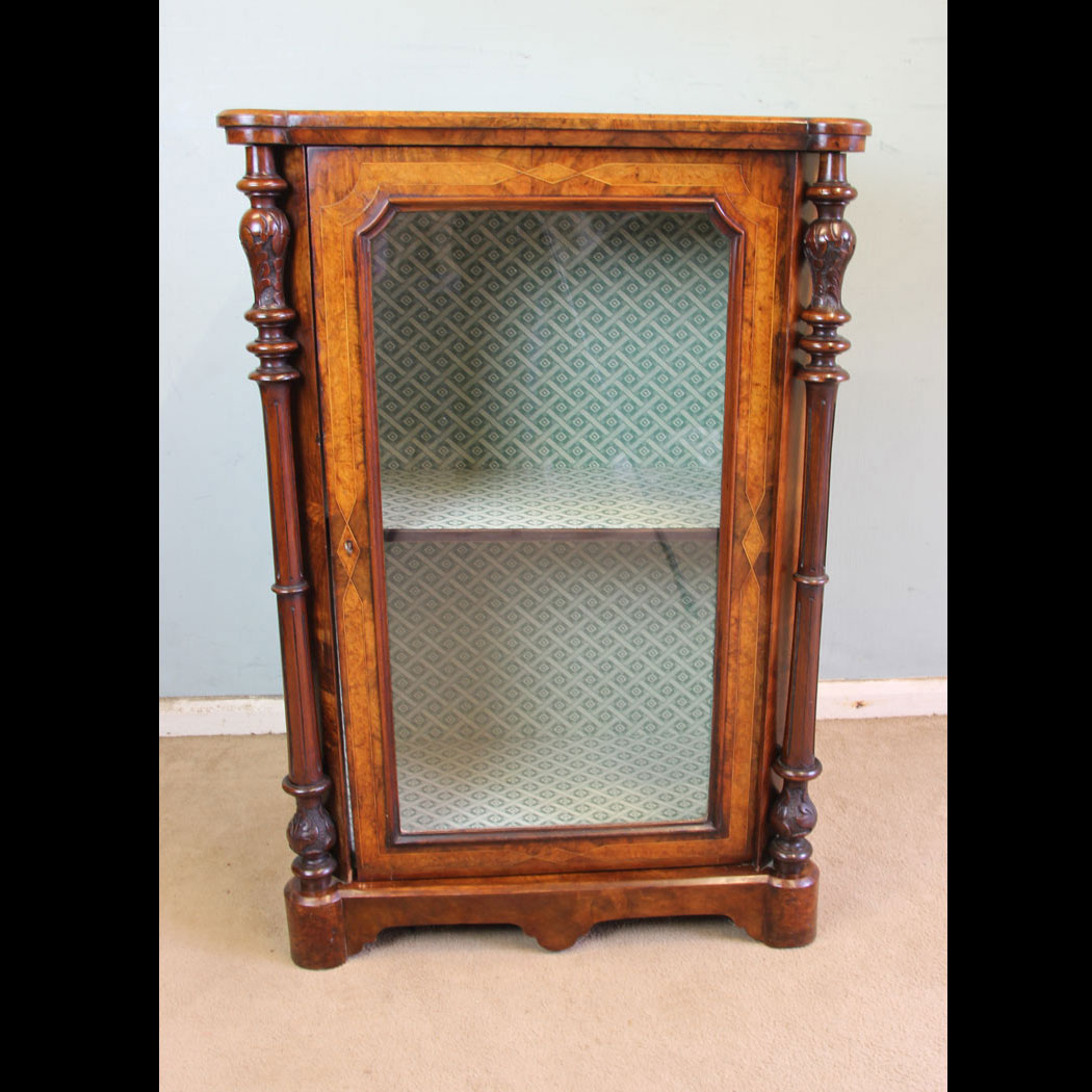 11368r01 Antique Victorian Burr Walnut Cabinet, Antique Victorian Burr Walnut Display Cabinet.