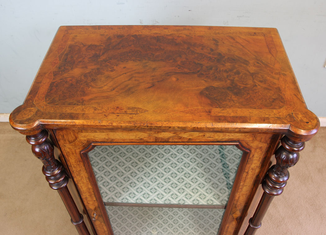 11368r5 Antique Victorian Burr Walnut Cabinet, Antique Victorian Burr Walnut Display Cabinet.