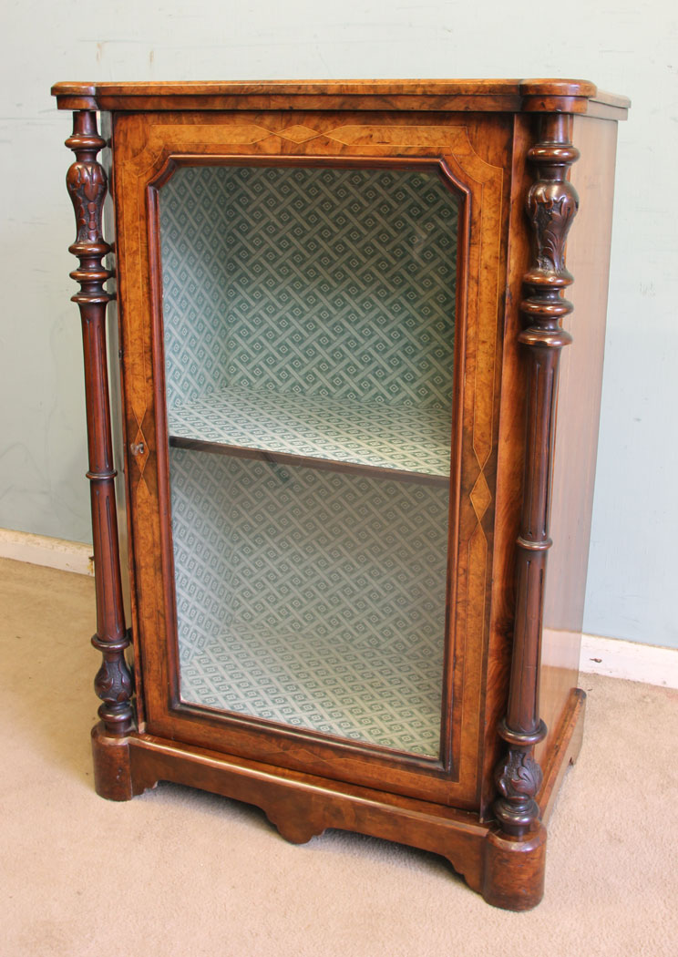 11368r9 Antique Victorian Burr Walnut Cabinet, Antique Victorian Burr Walnut Display Cabinet.
