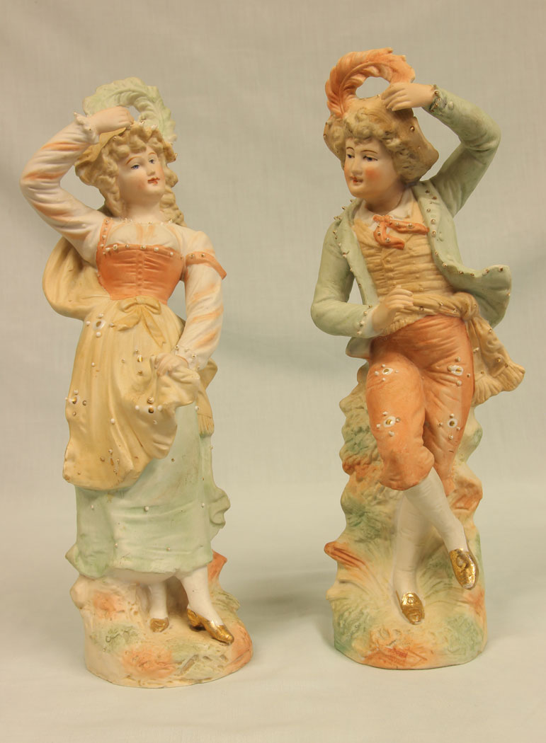 11383r1 Antique Pair of Bisque Figurines of Lady & Gentleman, Antique Pair of Bisque Figurines of Lady & Gentleman
