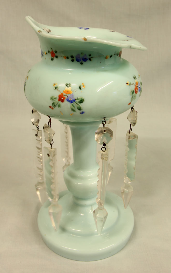 11435r2 Antique Glass Mantle Lustre Vase, Antique Shaped Single Green Glass Lustre