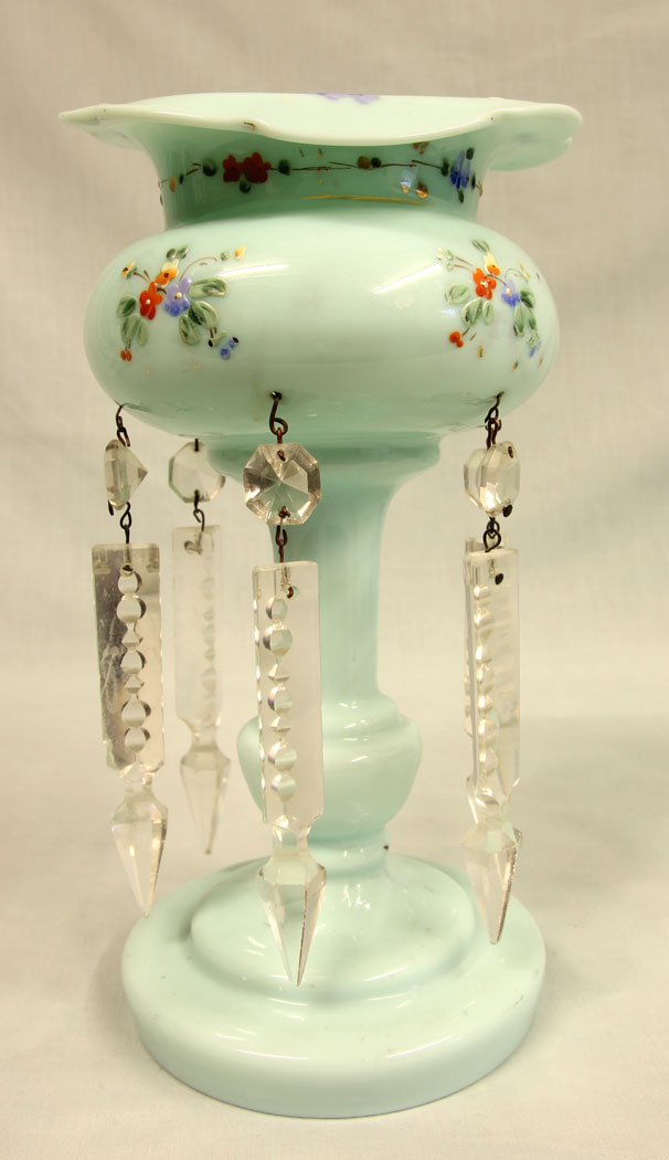 11435r3 Antique Glass Mantle Lustre Vase, Antique Shaped Single Green Glass Lustre