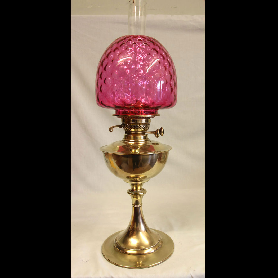 11468r01 Antique Brass Oil Lamp with Cranberry Shade