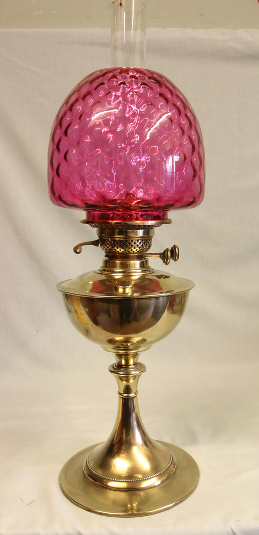 11468r1 Antique Brass Oil Lamp with Cranberry Shade, Antique Brass Oil Lamp with Cranberry Shade