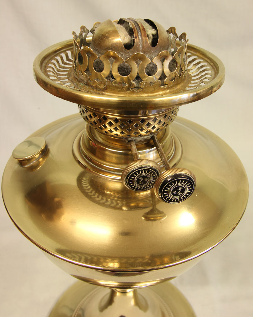 11468r5 Antique Brass Oil Lamp with Cranberry Shade, Antique Brass Oil Lamp with Cranberry Shade