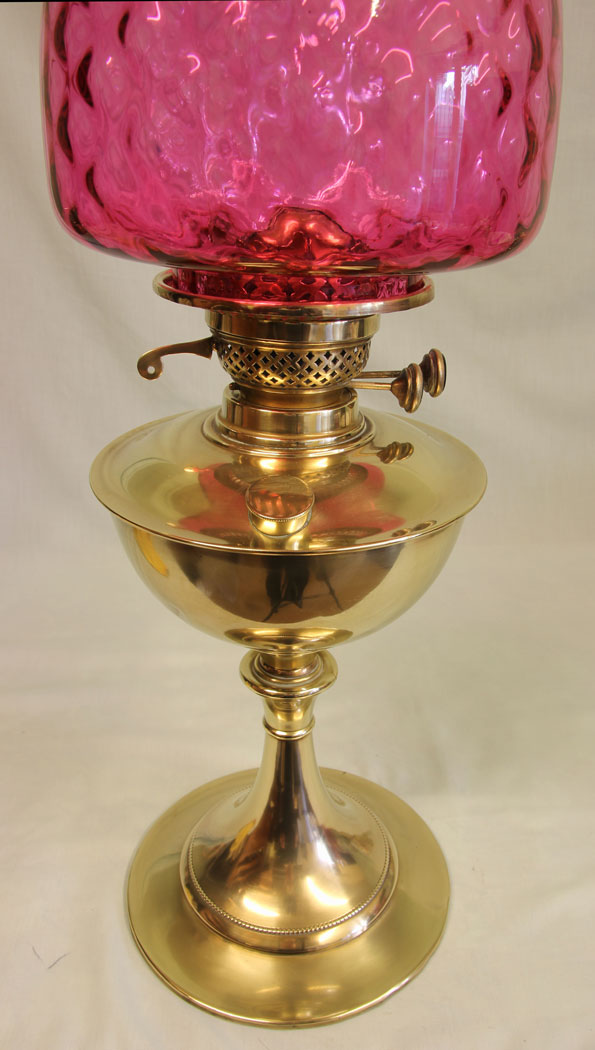 11468r6 Antique Brass Oil Lamp with Cranberry Shade, Antique Brass Oil Lamp with Cranberry Shade