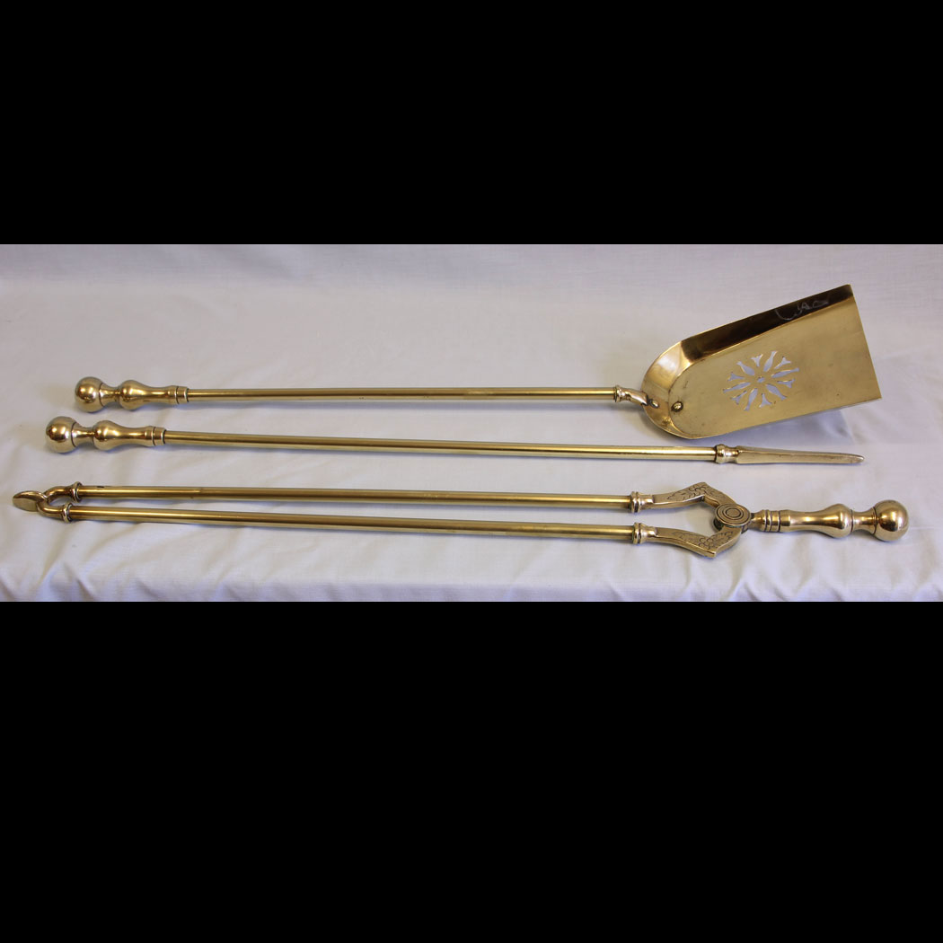 11528r01 Antique Set Fire Irons, Set Brass Fire Irons