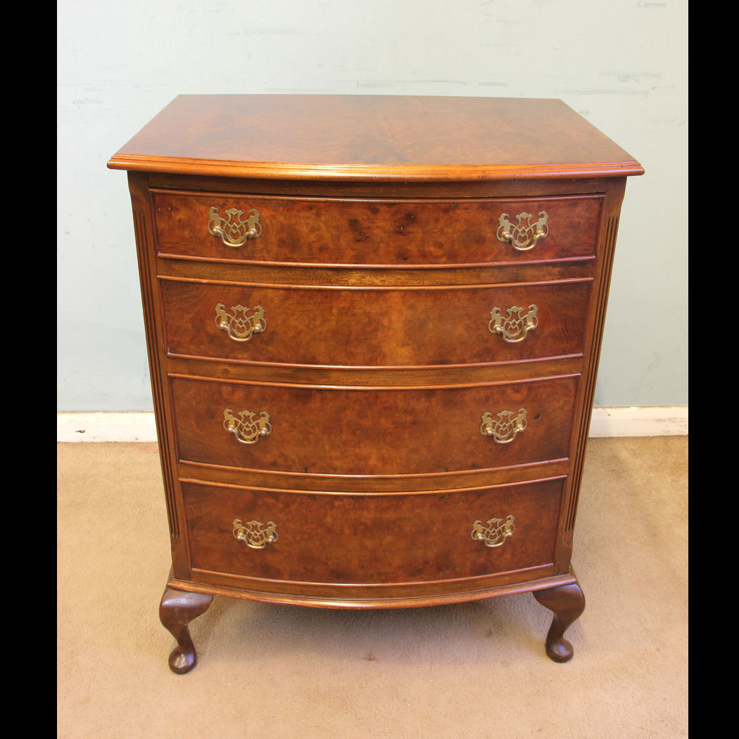 11533r01 Antique Bow Front small Walnut Chest Drawers, Burr Walnut Small Bow Front Chest Drawers